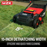 MZK 15-Inch 2-in-1 Electric Dethatcher and Scarifier with Removable 5-Position Height Adjustment and 12-Gallon Thatch Collection Bag for Healthy Lawns (DS15A06)