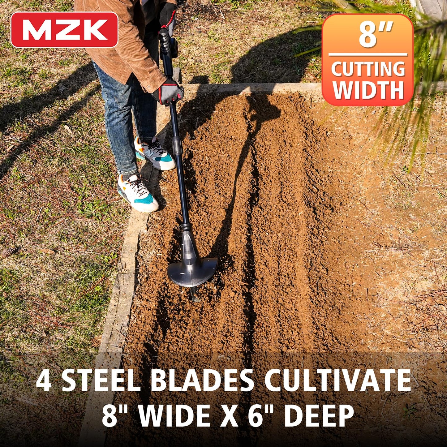 MZK 20V Cordless Tiller Cultivator with Steel Tines - 8-Inch Battery-Powered Garden Cultivator, 360 RPM Electric Tiller for Lawn, Gardening & Soil Cultivation with 2 * 2AH Battery & Charger Included, Model TC08D01